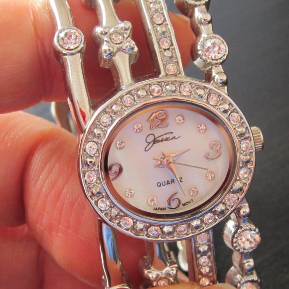 Fancy Bangle Watch Hinged Bracelet with MOP dial and Rhinestones - Picture 9 of 11